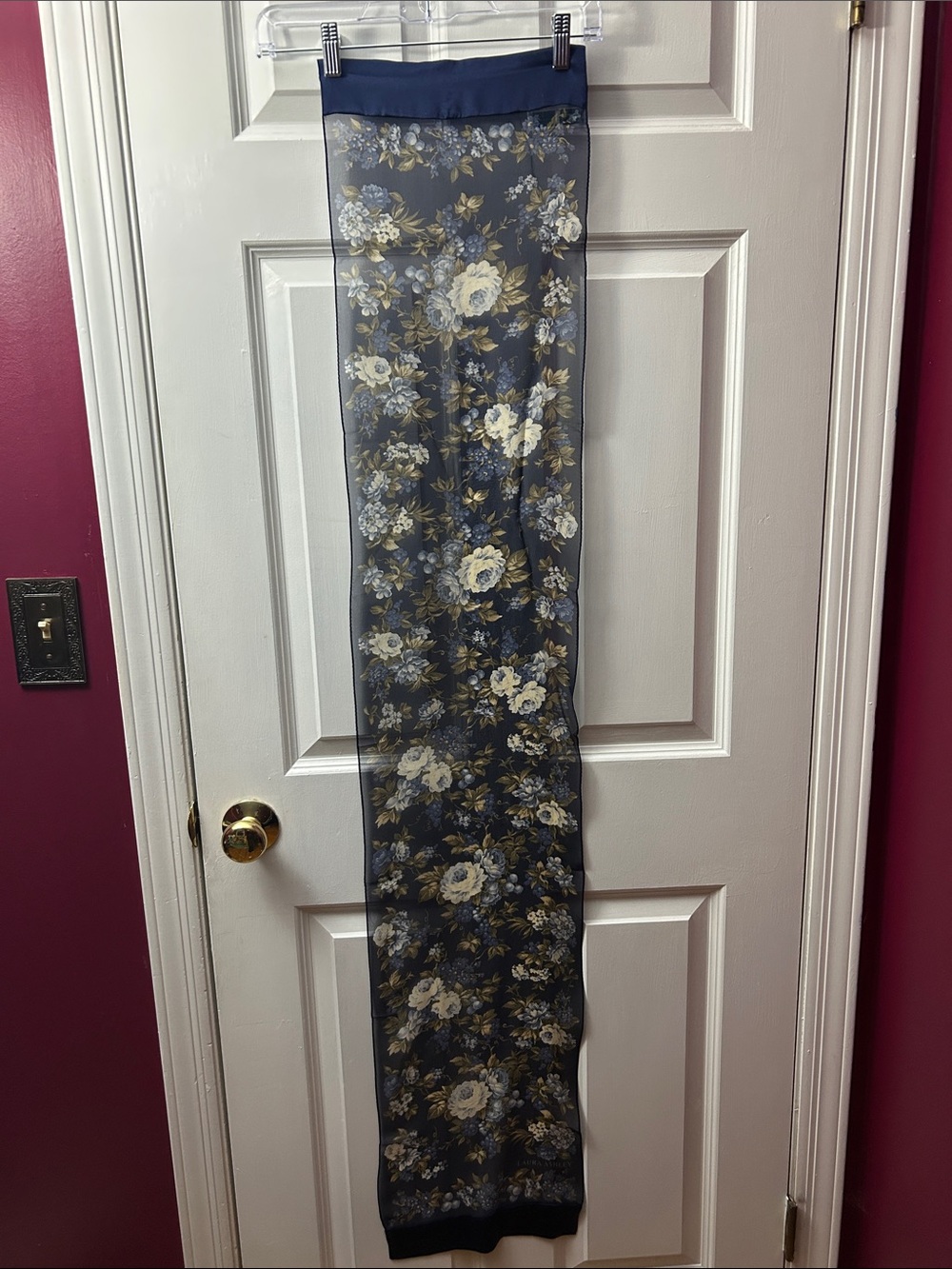 Laura Ashley 100% Silk Navy Floral Scarf — Long Sheer Chiffon 57x11